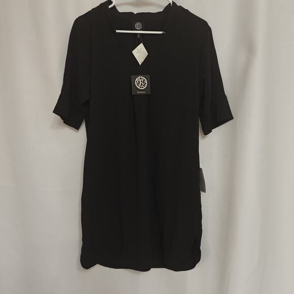 Bobeau Women M Black V Neck Pullover Crepe Short Sleeves Midi Dress Pockets NWT - Picture 1 of 11